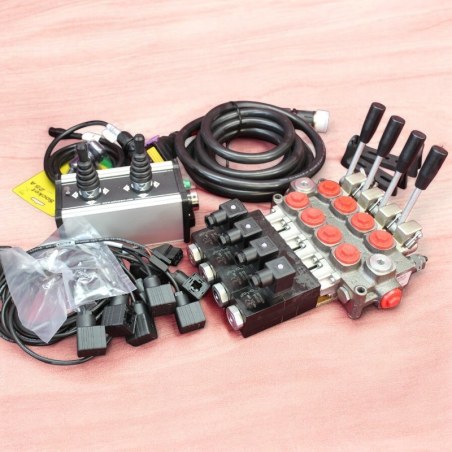 Galtech Directional Control Valve 4-Spool 60 L/Min Q45 (16 GPM) + Control Panel With 2 Joystick With Cables 24V