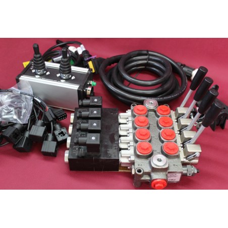Galtech Directional Control Valve 4-Spool 60 L/Min Q45 (16 GPM) + Control Panel With 2 Joystick With Cables 24V