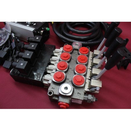 Galtech Directional Control Valve 4-Spool 60 L/Min Q45 (16 GPM) + Control Panel With 2 Joystick With Cables 24V