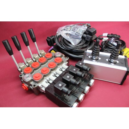 Galtech Directional Control Valve 4-Spool 60 L/Min Q45 (16 GPM) + Control Panel With 2 Joystick With Cables 24V
