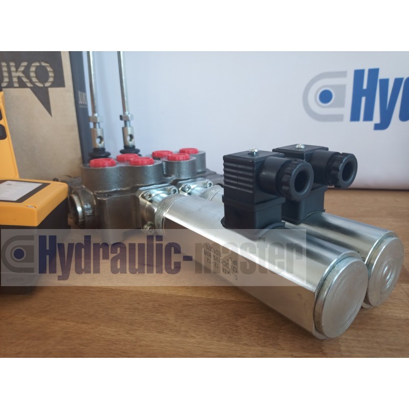 Hydraulic valve 2 sections HM line 90 l/min 24 gpm 12V double acting for cylinder spool + Remote radio on/off