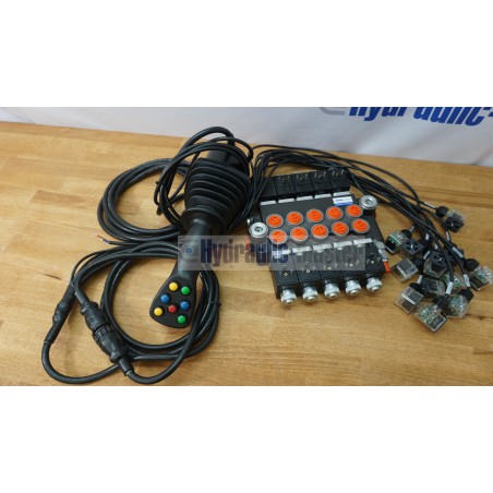 4 positions joystick 7 buttons + Monoblock Vave 5-spool hydraulic solenoid 80 l/min 13GPM 24VDC