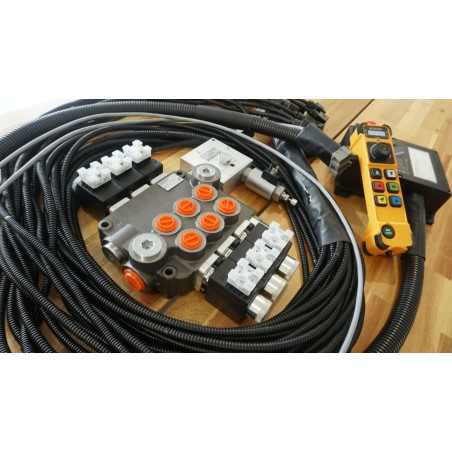 Monoblock Hydraulic valve 3 sections 50l/min 13 gpm 12V + Industrial remote control 6 buttons single speed HM Line 600 12V